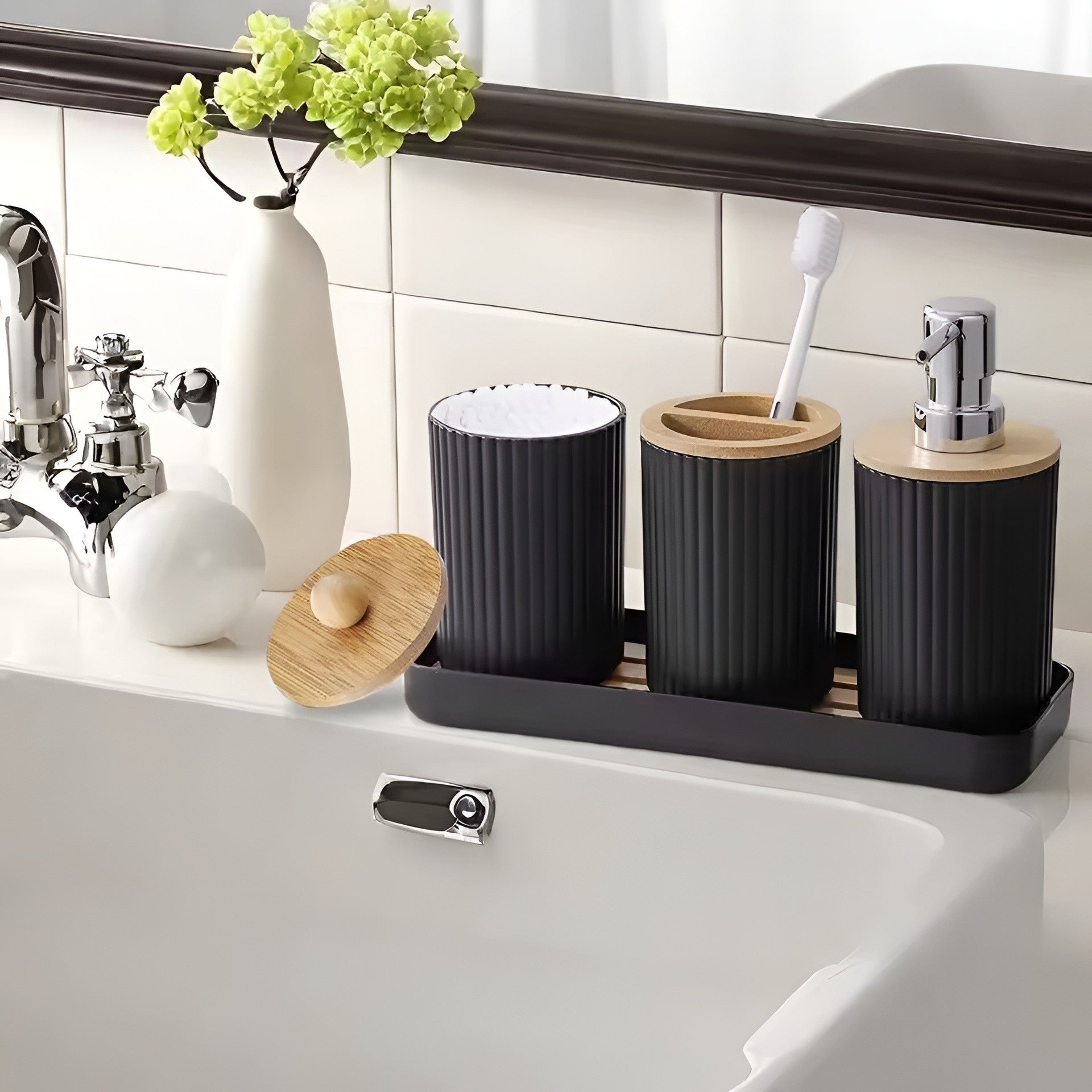 Modern Bamboo Bathroom Accessory Set