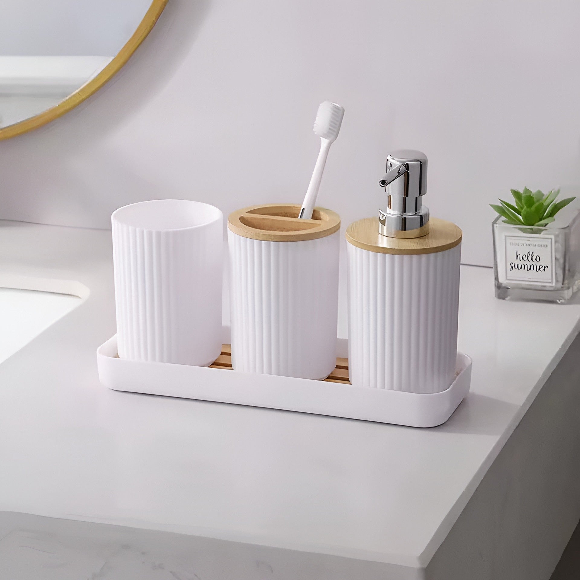 Modern Bamboo Bathroom Accessory Set